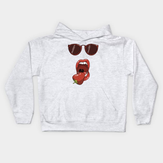 Mouth about to eat a delicious red strawberry while wearing matching red leopard print sun glasses. Kids Hoodie by Fruit Tee